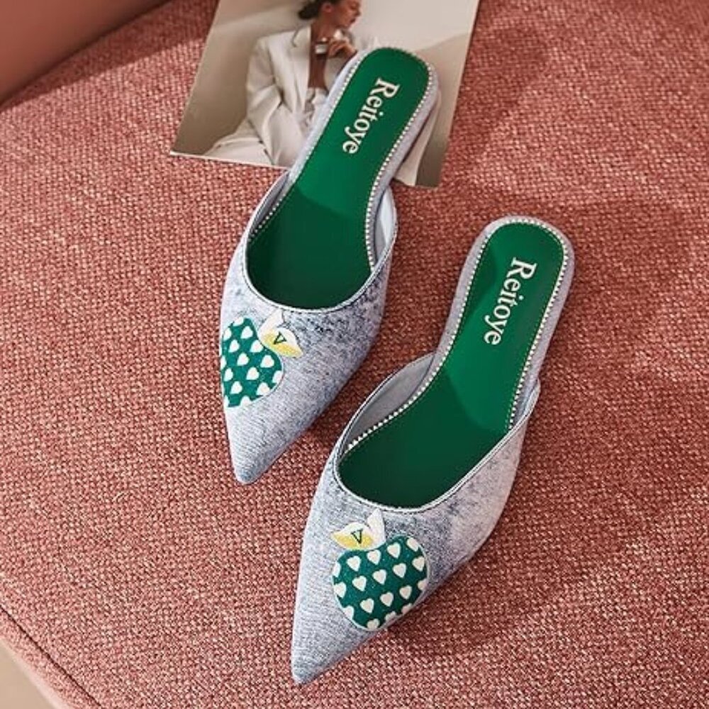 Reitoye Women's Denim Flat Mules Slip on Slipper House Slide Sandals- Apple